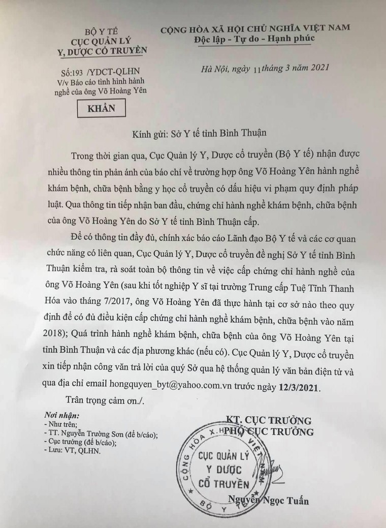 Bộ Y tế: Khẩn trương kiểm tra việc ông Võ Hoàng Yên hành nghề chữa bệnh ảnh 1