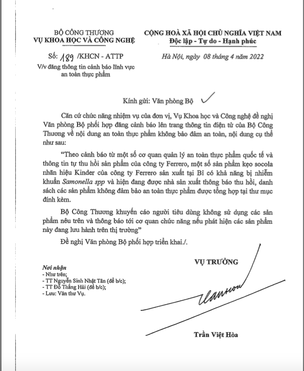 Bộ Công thương khuyến cáo không nên sử dụng sản phẩm của Ferrero ảnh 1