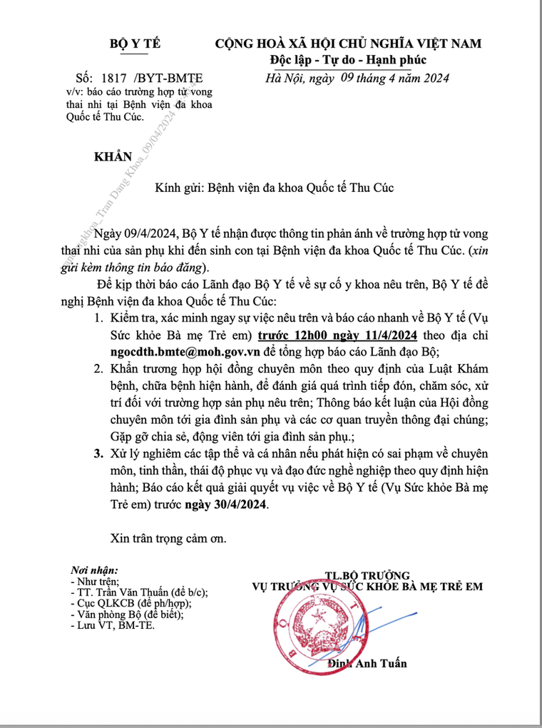 Bộ Y tế yêu cầu BVĐK Quốc tế Thu Cúc xác minh vụ thai nhi tử vong ảnh 1