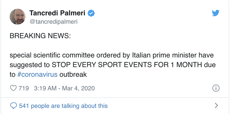 Các sự kiện thể thao ở Ý tạm hoãn 1 tháng vì virus Corona ảnh 1
