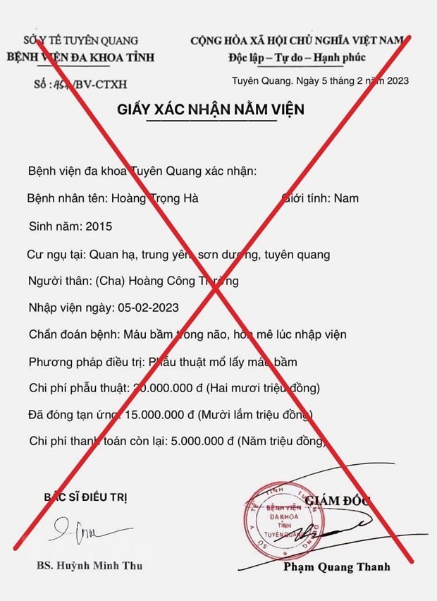 Giả mạo giấy tờ của bệnh viện để lừa đảo, quyên góp tiền chữa bệnh ảnh 1
