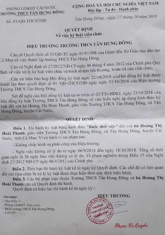 Một giáo viên bị buộc thôi việc vì không nhận nhiệm vụ ảnh 1