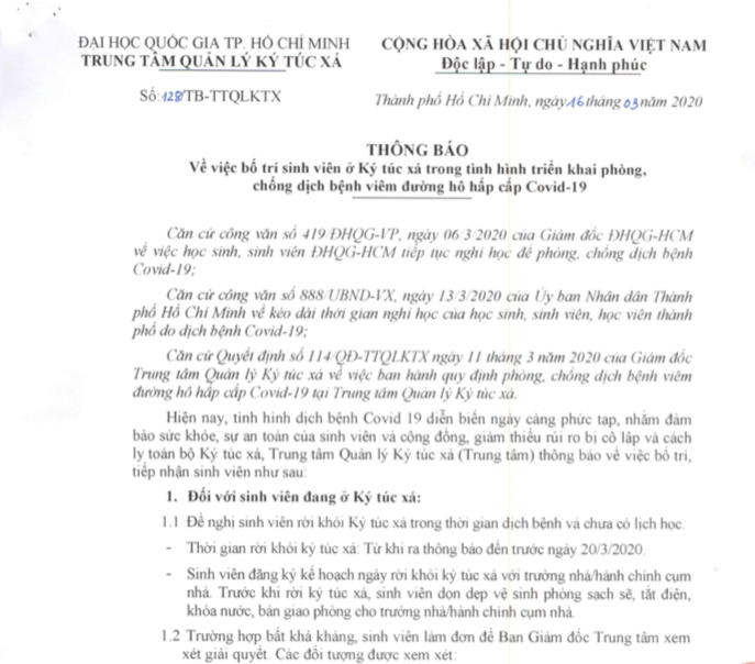 ĐH Quốc gia TP.HCM đề nghị sinh viên rời khỏi ký túc xá ảnh 1