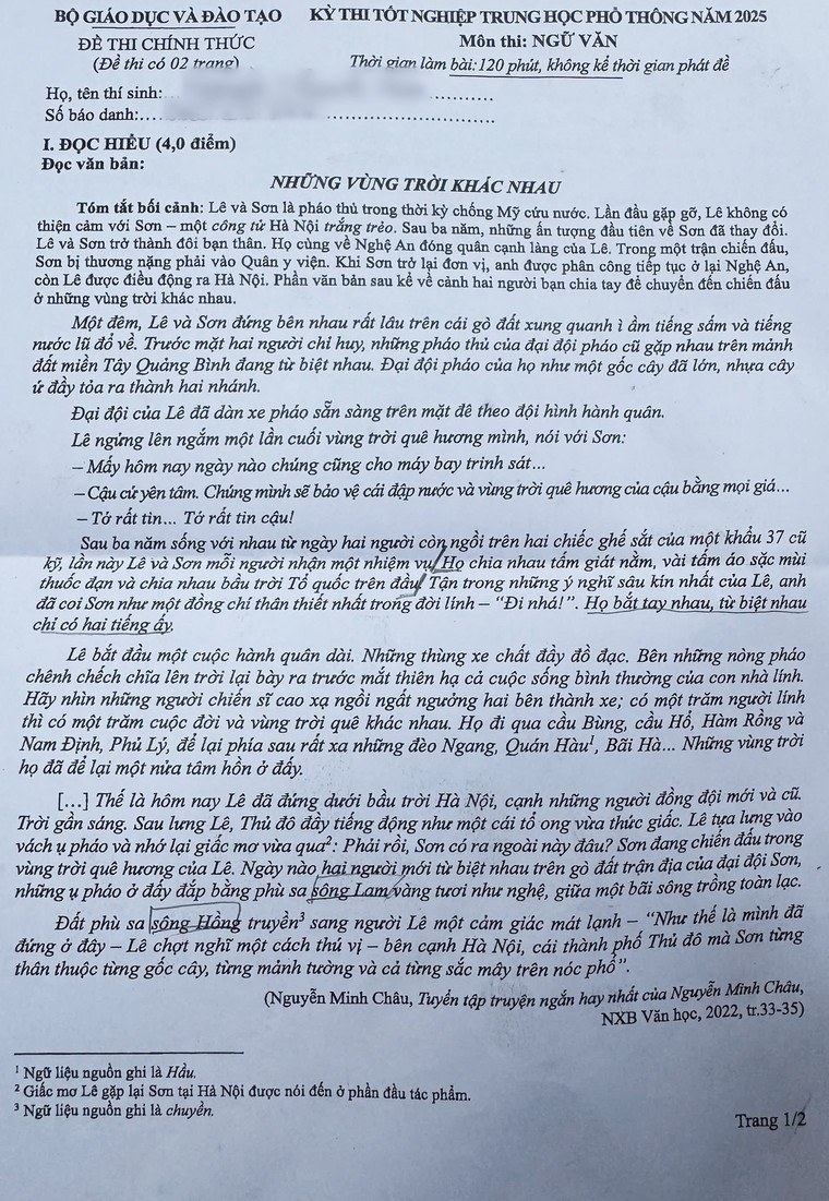 Đề thi môn Ngữ văn Kỳ thi tốt nghiệp THPT 2025 sáng ngày 26/6 ảnh 1