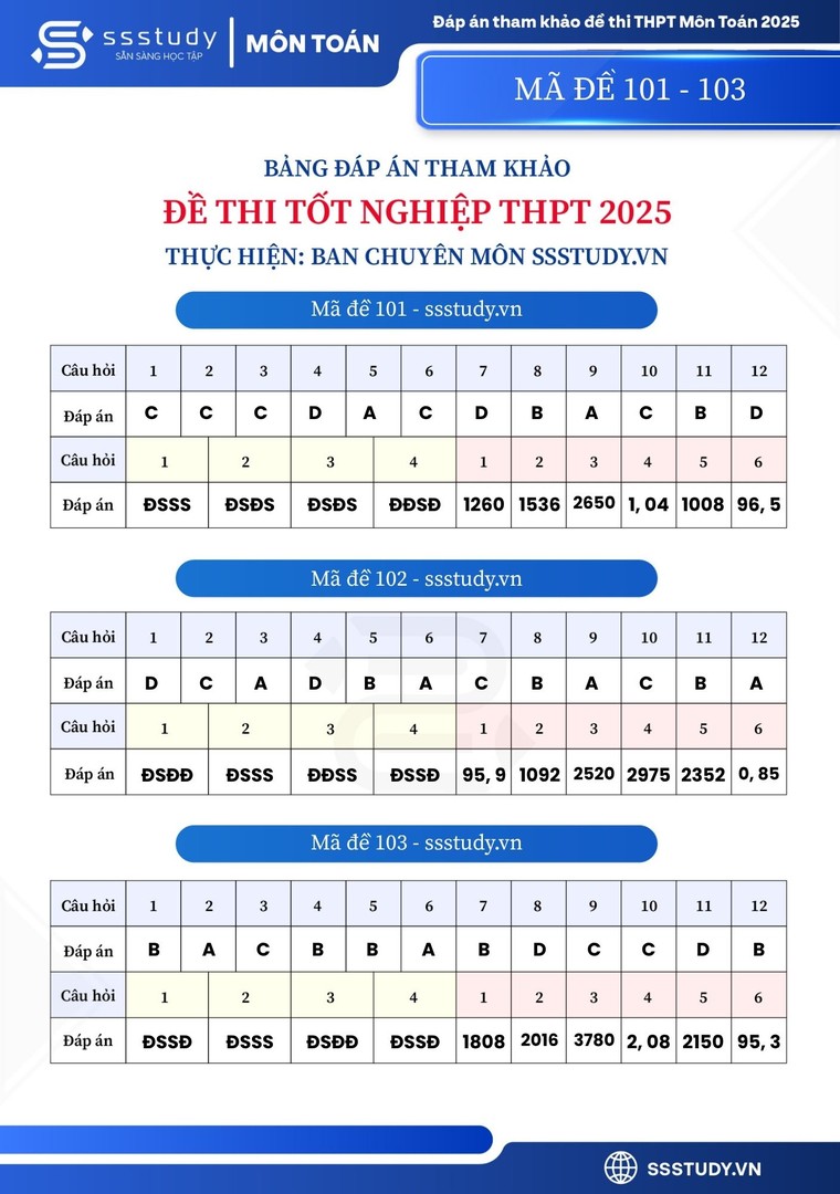 Đáp án tham khảo 24 mã đề thi môn Toán Kỳ thi tốt nghiệp THPT năm 2025 ảnh 1