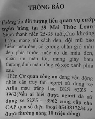Vụ cướp ngân hàng: Công an lên tiếng về số tiền thưởng nóng ảnh 1
