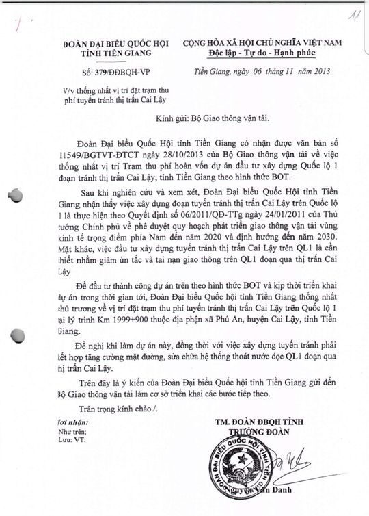 BOT Cai Lậy: Đoàn ĐBQH Tiền Giang lên tiếng ảnh 1