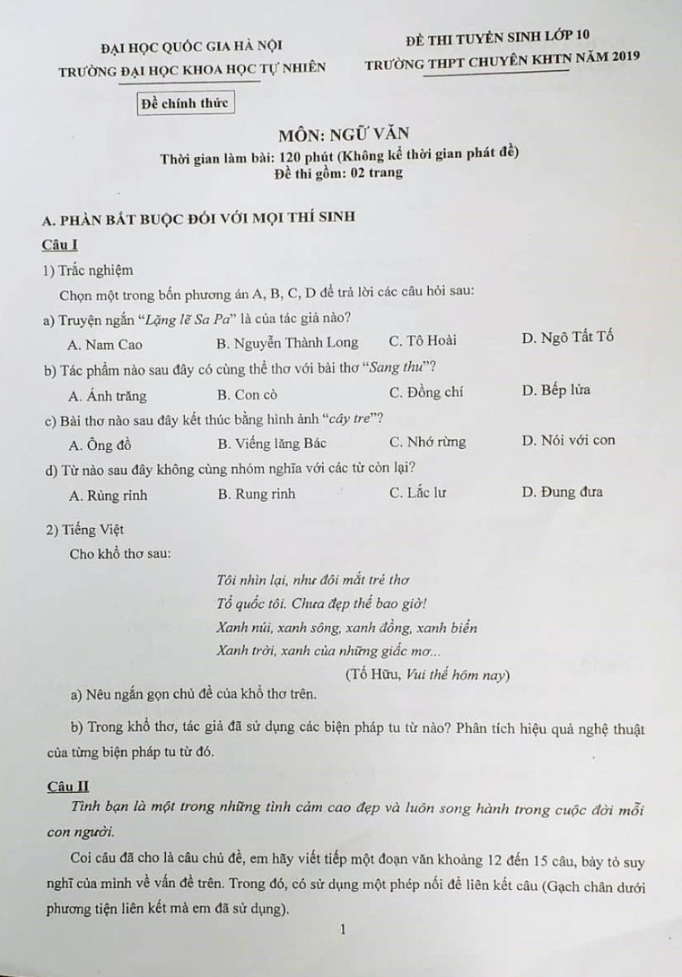 Đề thi Ngữ văn của các sĩ tử thi THPT Chuyên Khoa học Tự nhiên ảnh 1