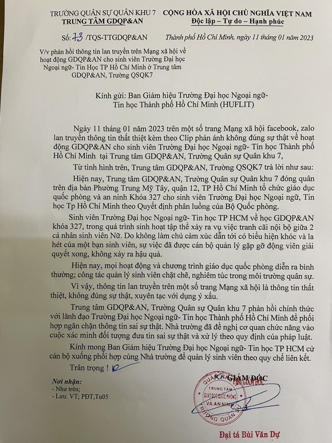 Trường Quân sự Quân khu 7 bác tin đồn trên mạng xã hội ảnh 1