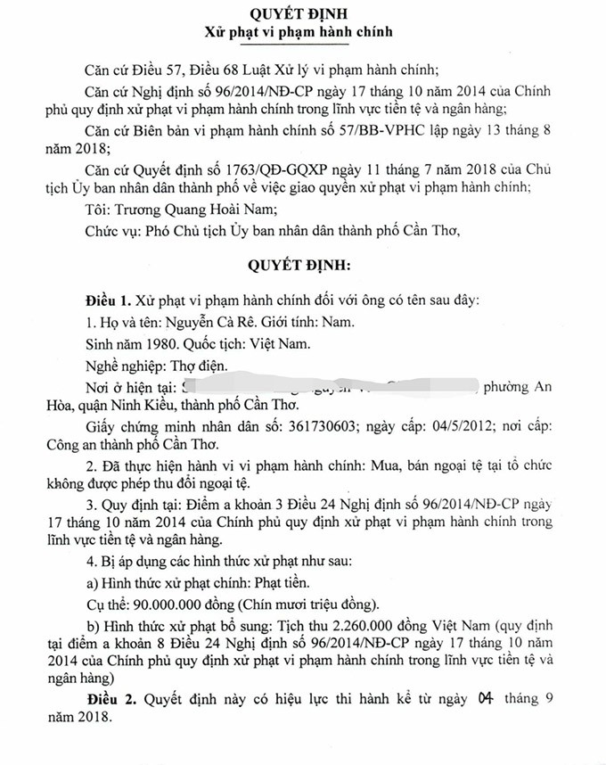 Người đàn ông Cần Thơ bị phạt 90 triệu đồng sau khi đổi 100 USD ảnh 1