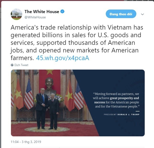 Nhà Trắng ca ngợi quan hệ thương mại Việt - Mỹ sau chuyến đi của ông Trump ảnh 1