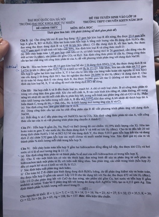 Đề thi và đáp án gợi ý môn Hóa học vào 10 trường chuyên Khoa học Tự nhiên ảnh 1
