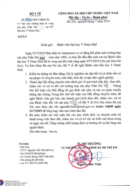 Bộ Y tế chỉ đạo khẩn vụ mẹ con sản phụ ở Huế tử vong bất thường ảnh 1