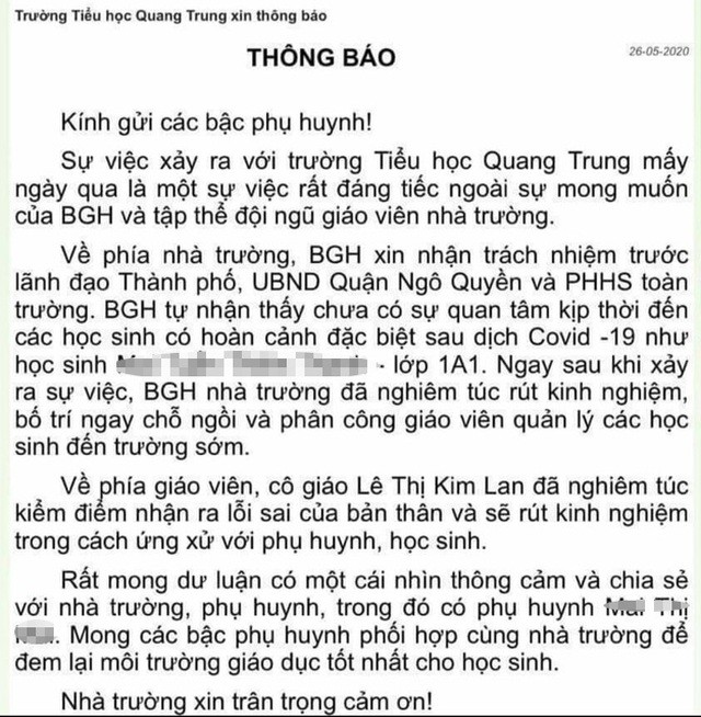 Vụ bé lớp 1 đứng ngoài cổng trường: Ban giám hiệu xin nhận trách nhiệm ảnh 1