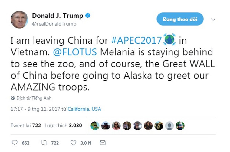 Tổng thống Trump đăng Twitter, thông báo sắp tới Việt Nam ảnh 1