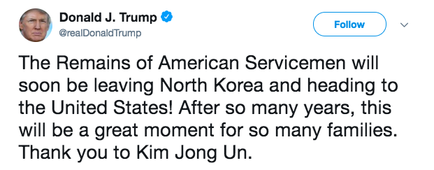 Ông Trump cảm ơn chủ tịch Kim Jong-un về việc trao trả hài cốt ảnh 1