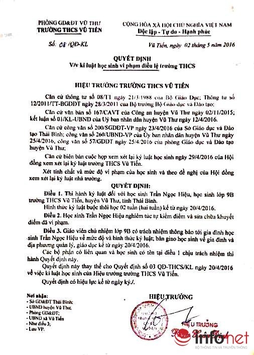Vụ HS bị đình chỉ học 6 tháng: Tình tiết, hình thức kỷ luật mới ảnh 1