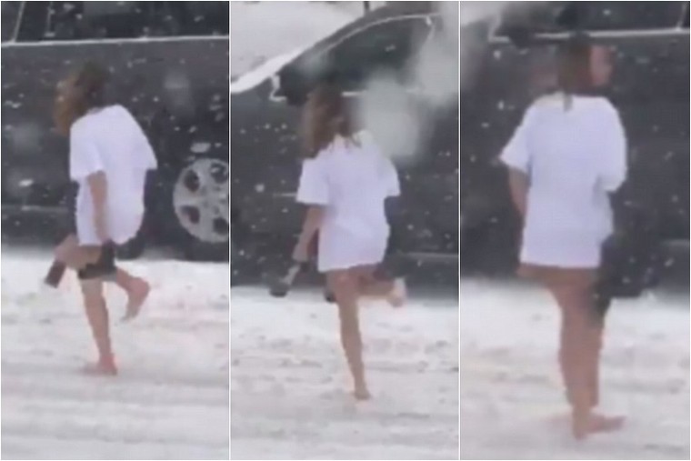 Choáng với thiếu nữ chân trần, không mặc quần đi giữa bão tuyết ảnh 1