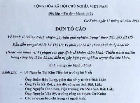 Vụ nữ sinh bị cưa chân: Gia đình gửi đơn tố cáo 5 cán bộ y tế ảnh 1