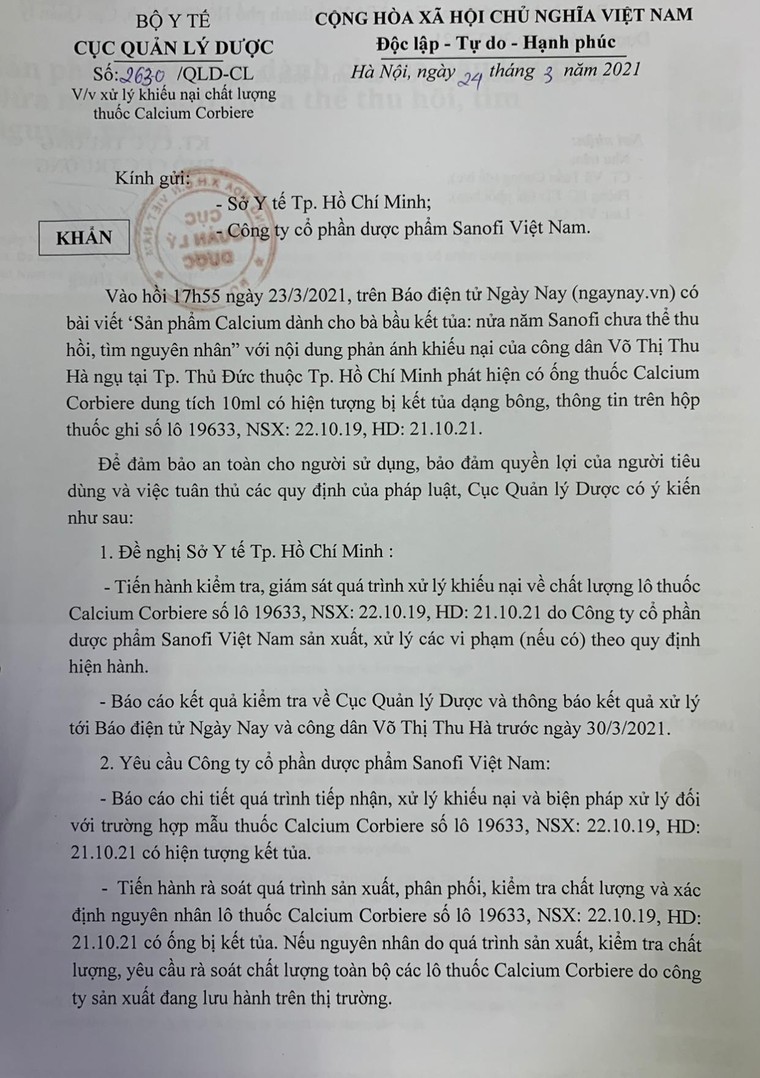 Vụ Calcium cho bà bầu của Sanofi kết tủa: Cục Quản lý Dược đề nghị Sở Y tế TP.HCM vào cuộc làm rõ ảnh 1