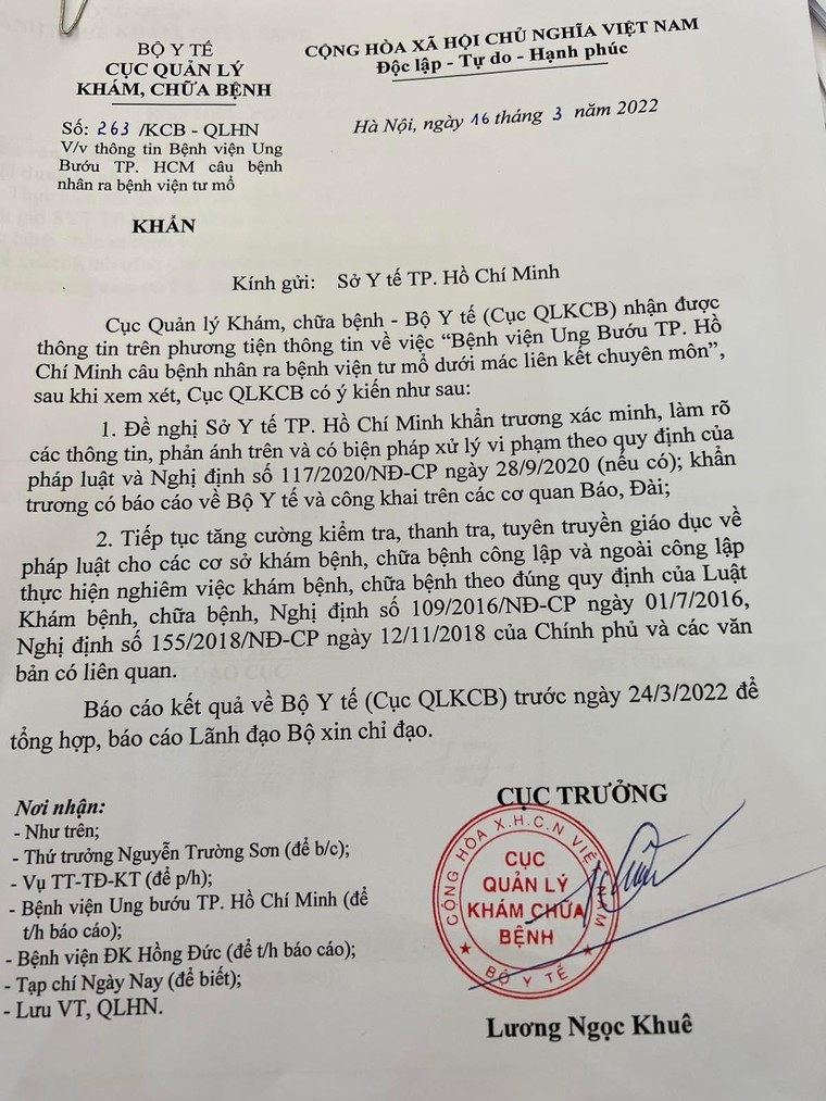 Vụ BV Ung Bướu “câu bệnh nhân” ra bệnh viện tư mổ: Bộ Y tế đề nghị xác minh, xử lý ảnh 1