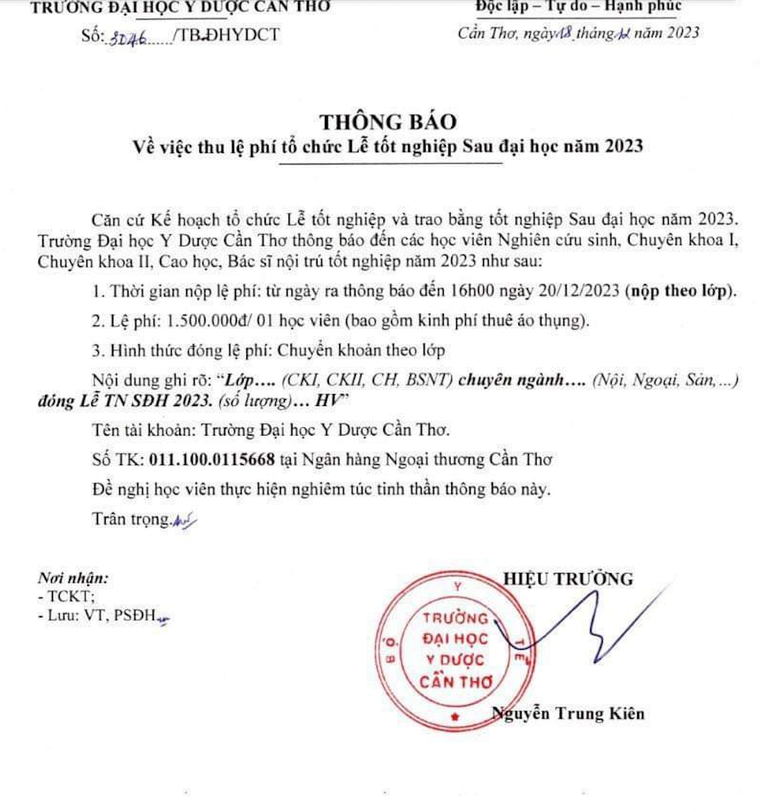 Trường ĐH Y dược Cần Thơ: Không đóng tiền dự Lễ tốt nghiệp, học viên không được phát bằng ảnh 1