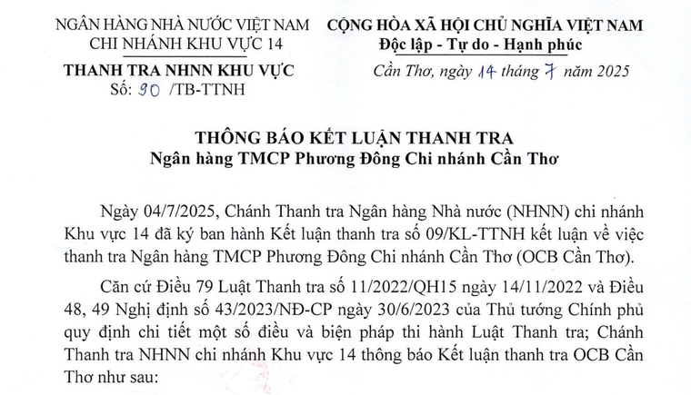 Thanh tra phát hiện nhiều tồn tại, hạn chế tại các chi nhánh Ngân hàng OCB ảnh 1