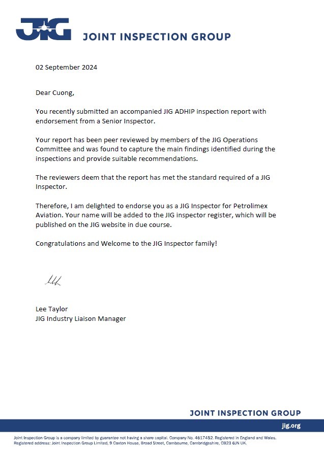 Cán bộ Petrolimex Aviation là người Việt Nam đầu tiên đạt chứng nhận chuyên gia đánh giá tiêu chuẩn JIG ảnh 1