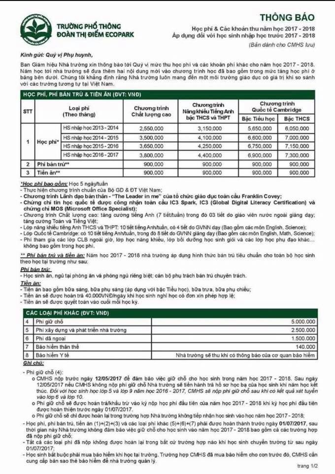 Trường Đoàn Thị Điểm Ecopark: Bỏ thu tiền giữ chỗ, phụ huynh vẫn bức xúc ảnh 1