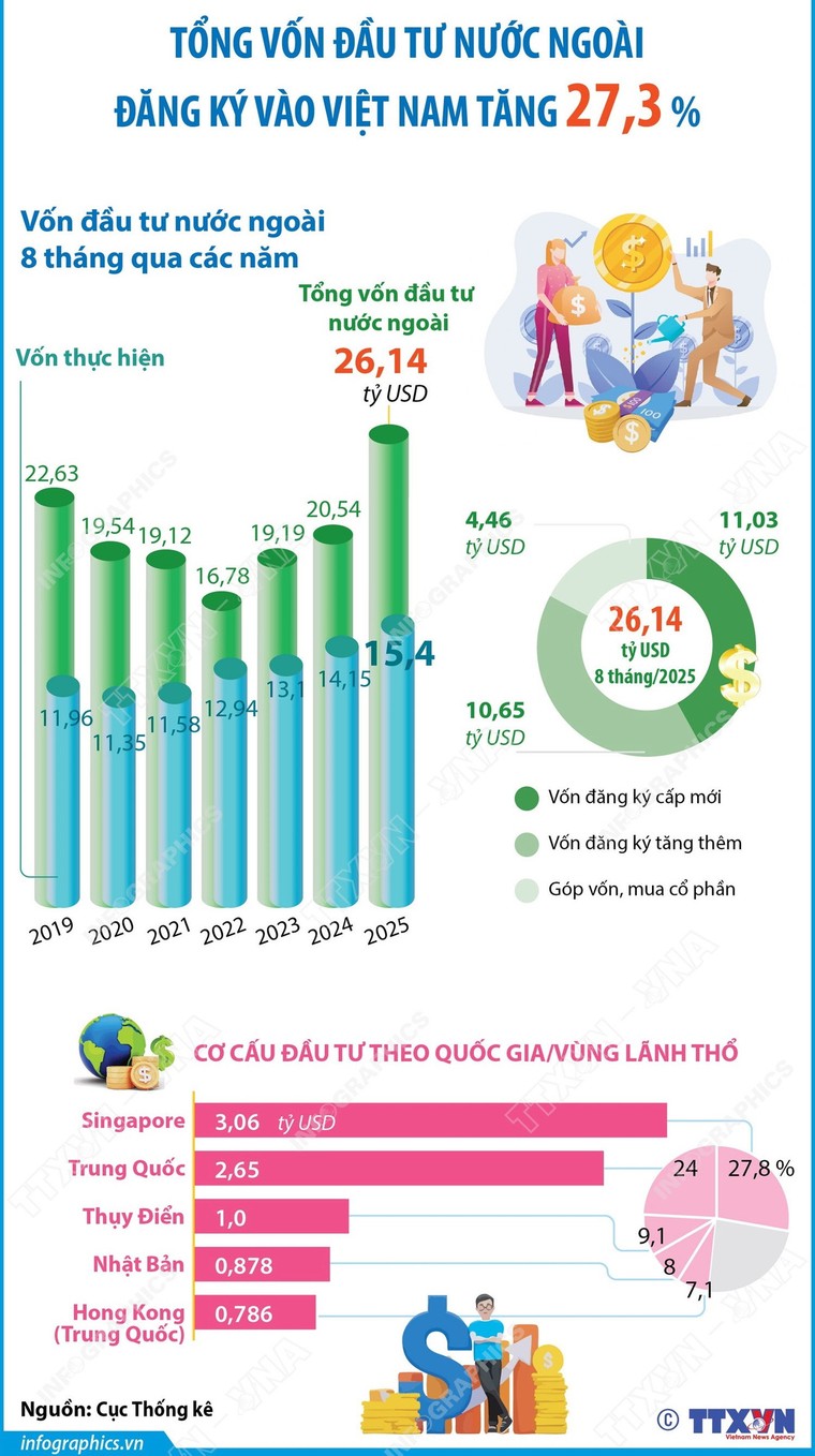 Đầu tư của Việt Nam ra nước ngoài và đầu tư nước ngoài vào Việt Nam 8 tháng qua ảnh 1