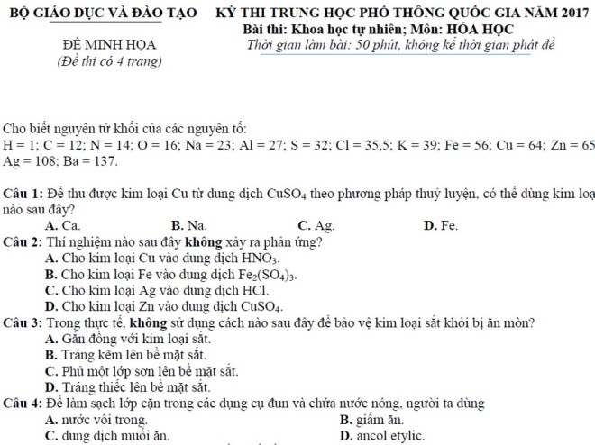 Đề minh họa môn Hóa kỳ thi THPT quốc gia 2017 ảnh 1