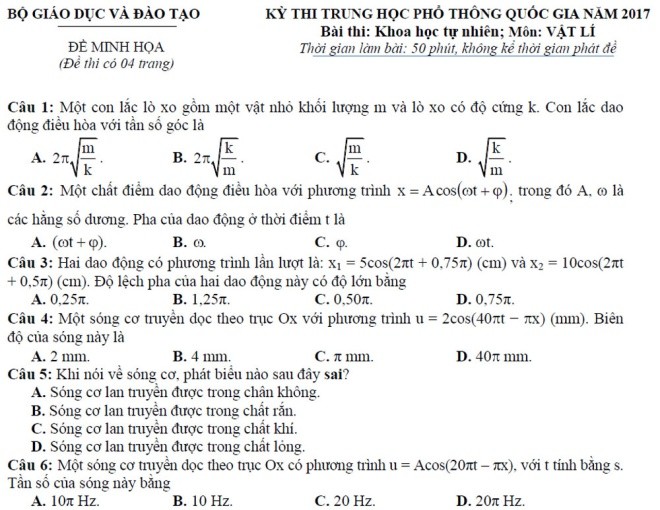 Đề minh họa môn Vật lý kỳ thi THPT quốc gia 2017 ảnh 1