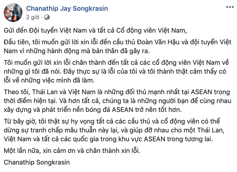  Chanathip Songkrasin xin lỗi bằng tiếng Việt sau phát ngôn gây sốc ảnh 1