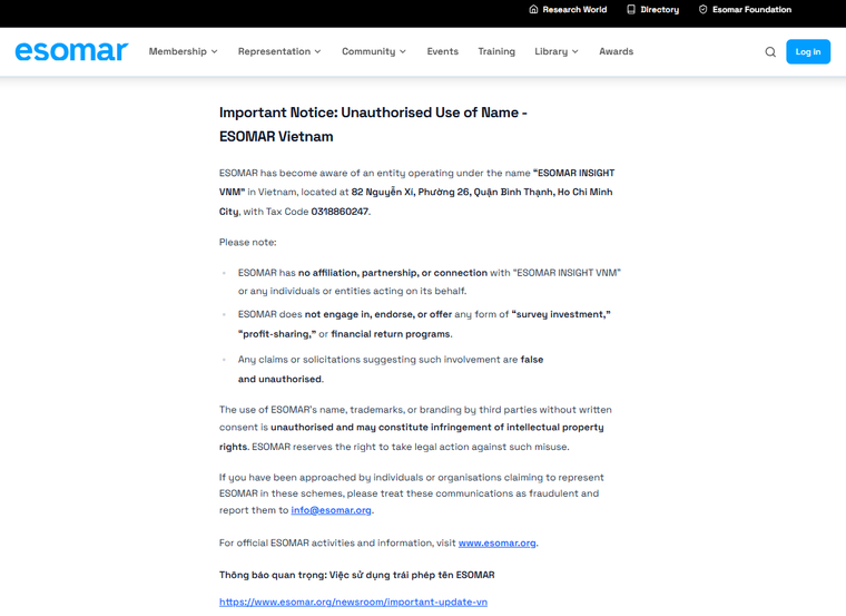 ESOMAR khẳng định không liên quan tới doanh nghiệp ESOMAR INSIGHT VNM của Việt Nam ảnh 1