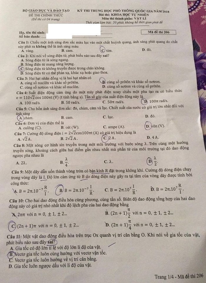 Gợi ý đáp án đề thi Vật lý kỳ thi THPT quốc gia 2018 ảnh 3