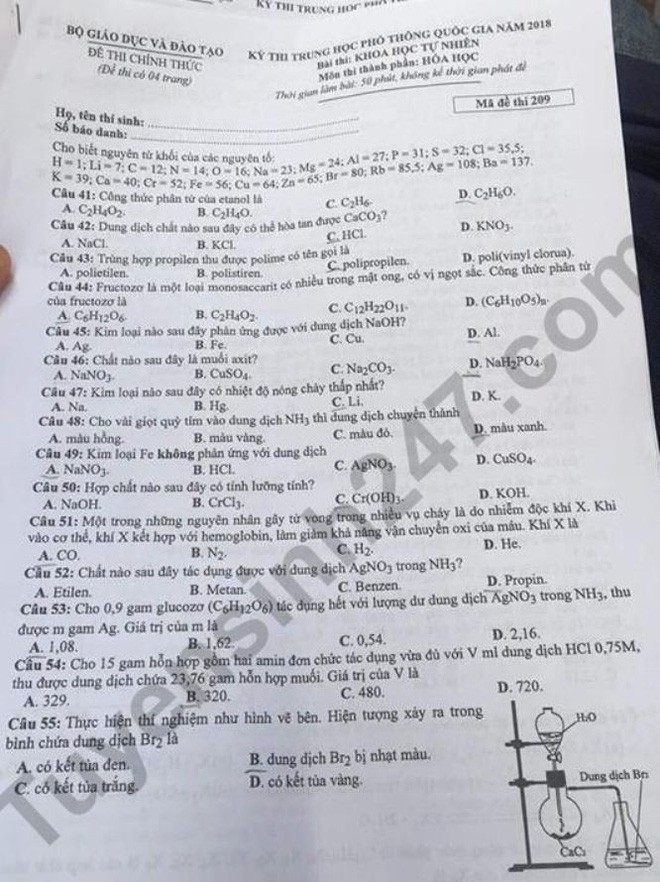 Gợi ý đáp án môn Hóa học THPT quốc gia 2018 ảnh 3