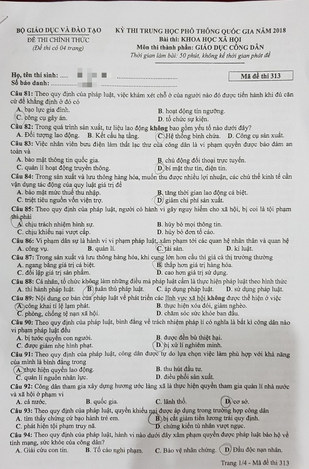 Gợi ý đáp án môn Giáo dục công dân kỳ thi THPT quốc gia 2018 ảnh 4