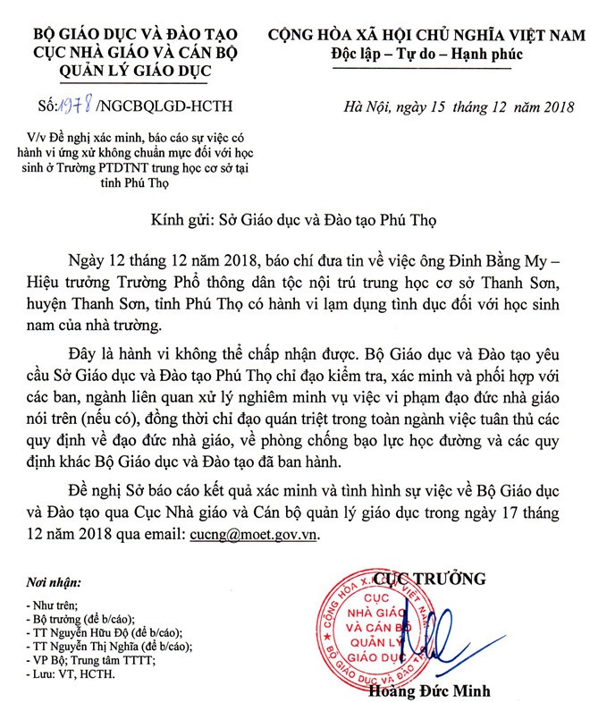 Bộ GD&ĐT chỉ đạo xử lý nghiêm vụ hiệu trưởng bị tố dâm ô học sinh nam ảnh 1