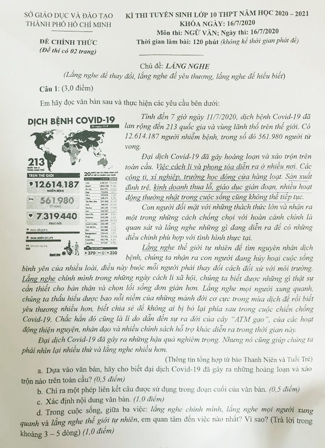 Đại dịch Covid-19 vào đề thi Ngữ văn thi vào lớp 10 ở TP.HCM ảnh 1