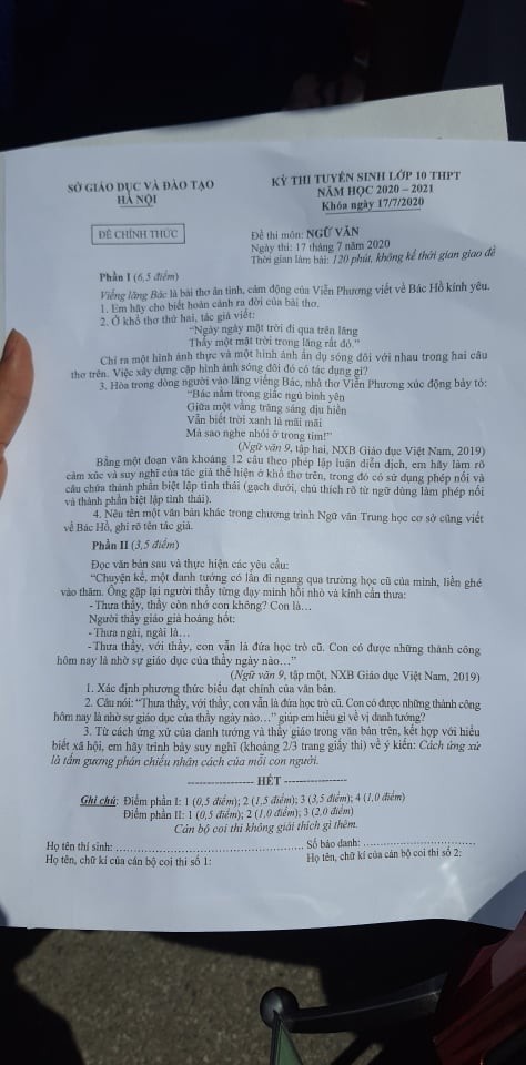 Gợi ý đáp án môn Ngữ văn tuyển sinh vào lớp 10 năm 2020 tại Hà Nội ảnh 1