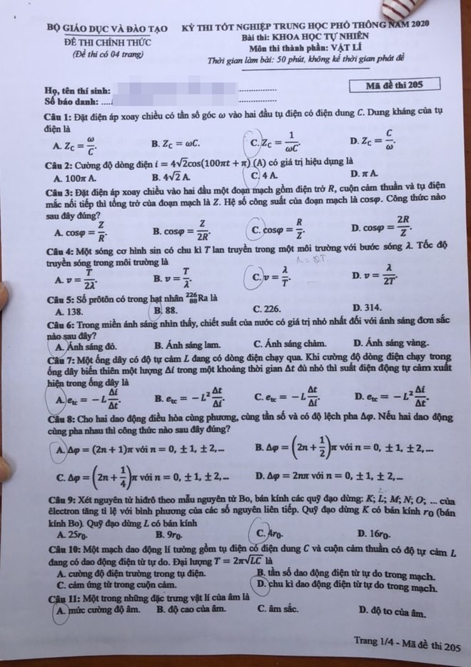 Gợi ý đáp án môn Vật lý THPT Quốc gia 2020 ảnh 1