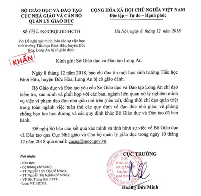 Bộ GD&ĐT yêu cầu báo cáo khẩn vụ học sinh lớp 1 nghi bị cô giáo đánh ảnh 1