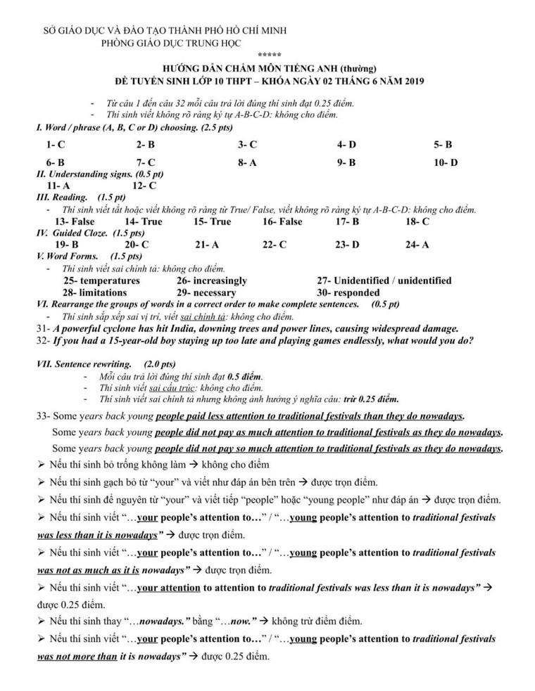 TP Hồ Chí Minh công bố đáp án ba môn thi tuyển sinh vào lớp 10 ảnh 1