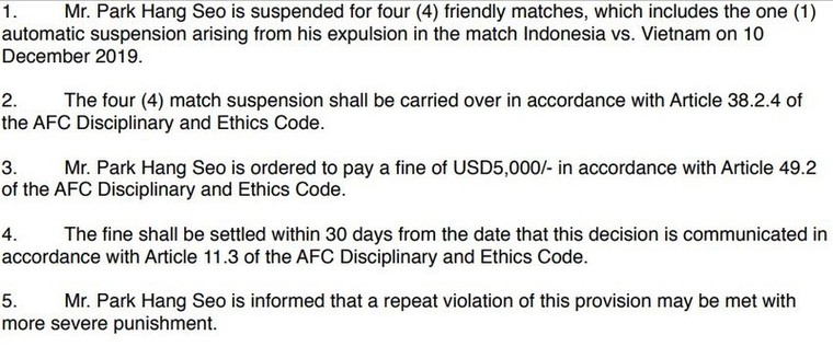 HLV Park Hang Seo bị AFC cấm chỉ đạo 4 trận ảnh 1