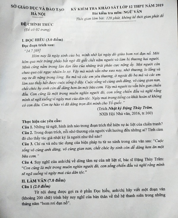 Đề thi thử THPT quốc gia 2019 môn Ngữ Văn tại Hà Nội bám sát chương trình trong sách giáo khoa ảnh 1