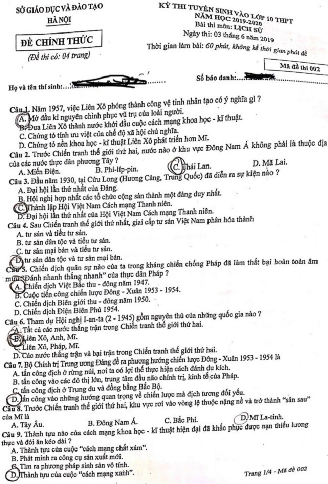Đáp án đề thi vào lớp 10 môn Lịch sử tại Hà Nội ảnh 1