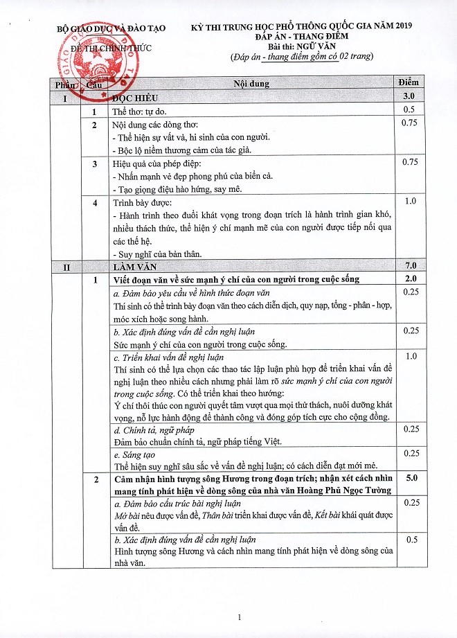 Bộ GD-ĐT công bố đáp án chính thức đề thi môn Ngữ văn kỳ thi THPT quốc gia 2019 ảnh 1