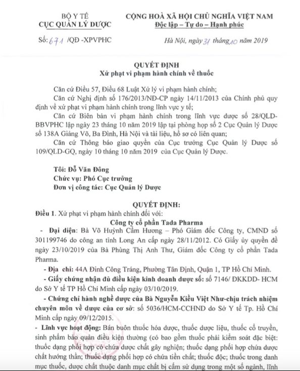 Bán buôn thuốc không đúng địa chỉ, Công ty CP Tada Pharma bị xử phạt 40 triệu đồng ảnh 1