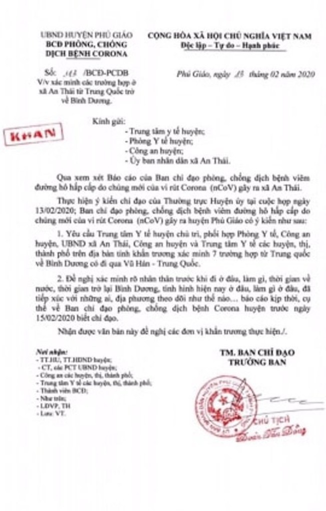Bình Dương ra công văn khẩn về 7 người trở về từ TP Vũ Hán ảnh 1