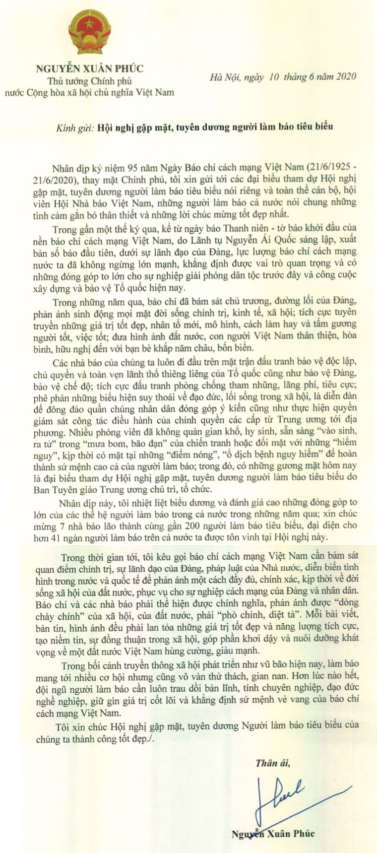 Thủ tướng gửi thư chúc mừng nhân Ngày Báo chí cách mạng Việt Nam ảnh 1